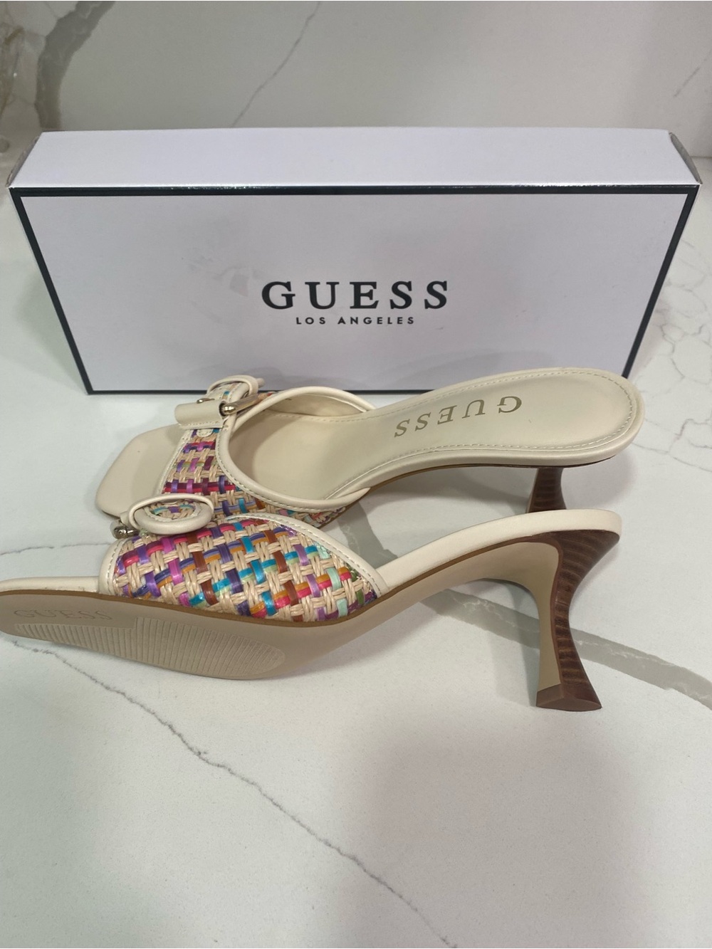 GUESS Cream Slide Sandals with Multicolor Woven Strap